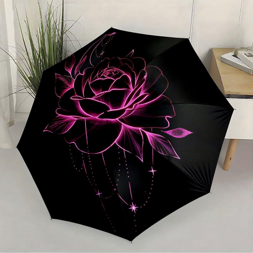 1pc Automatic Umbrella with Glowing Rose & Celestial Design - Portable Collapsible, 8-Rib Durable Iron Frame, Compact Travel U