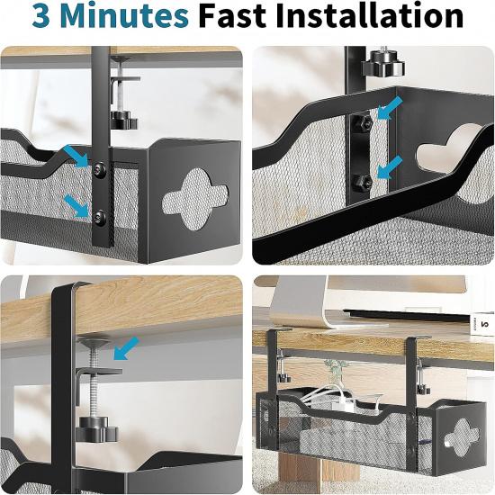 Under Desk Cable Management Tray No Drill, Metal Mesh Cable Management Under Desk with Clamp Mount, 2 Hole Cable Tray with Wire Management and Cord