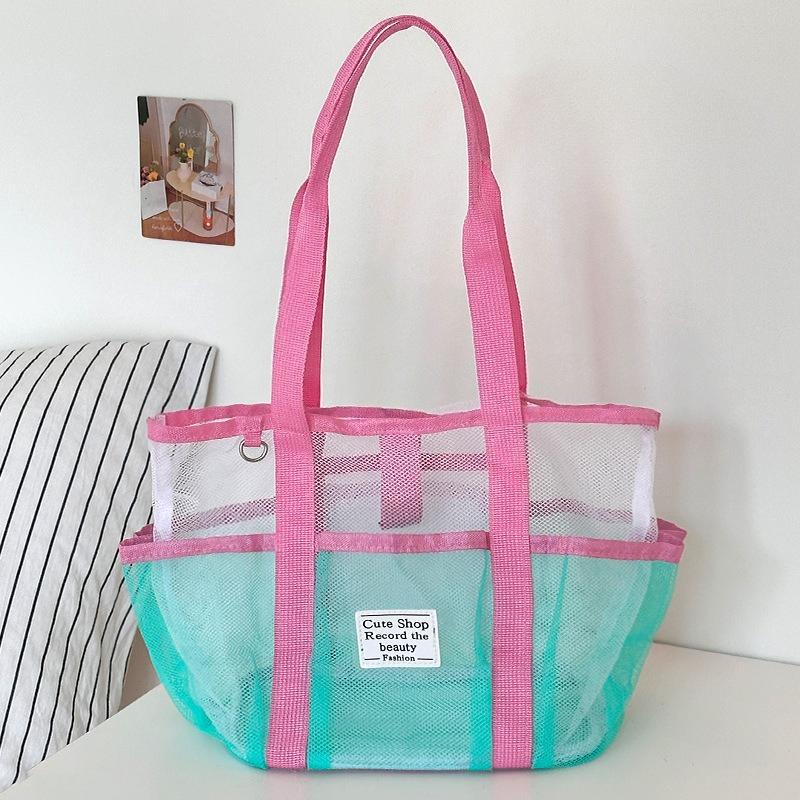 Pink Swimming Bag Large Capacity Vacation Beach Bag Portable Tote Mesh Sport Storage Bag Breathable Travel Toiletry Shower Bag