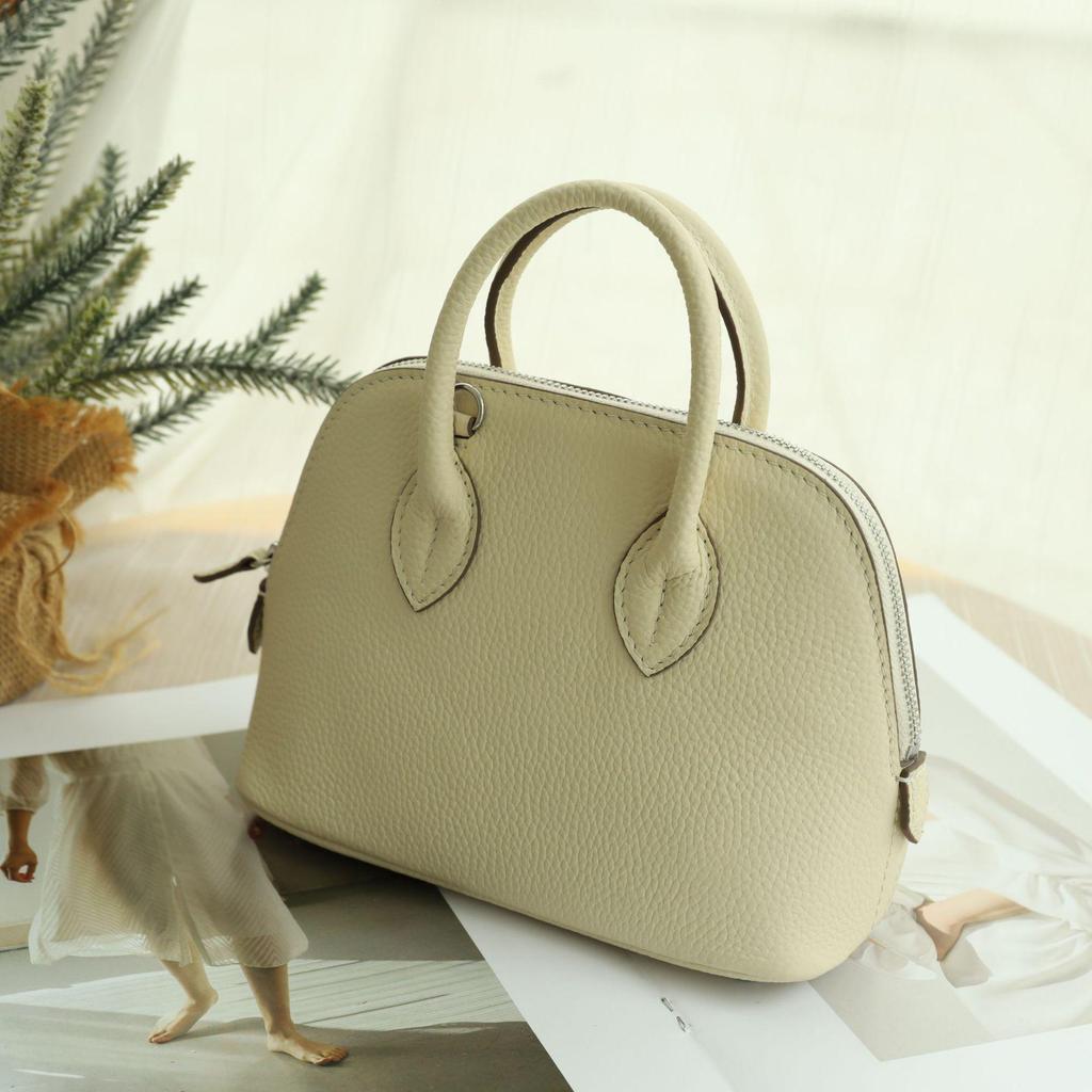 Mini Cowhide Crossbody Bowling Bag with Zipper - Classic Shell Design