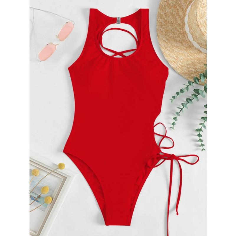 2025 Druck Schnürrücken Badeanzug Einteiler Einfarbige Bademode Damen Bade Schwimmanzug Weiblich Gepolstert Sommer Strandbekleidung Body