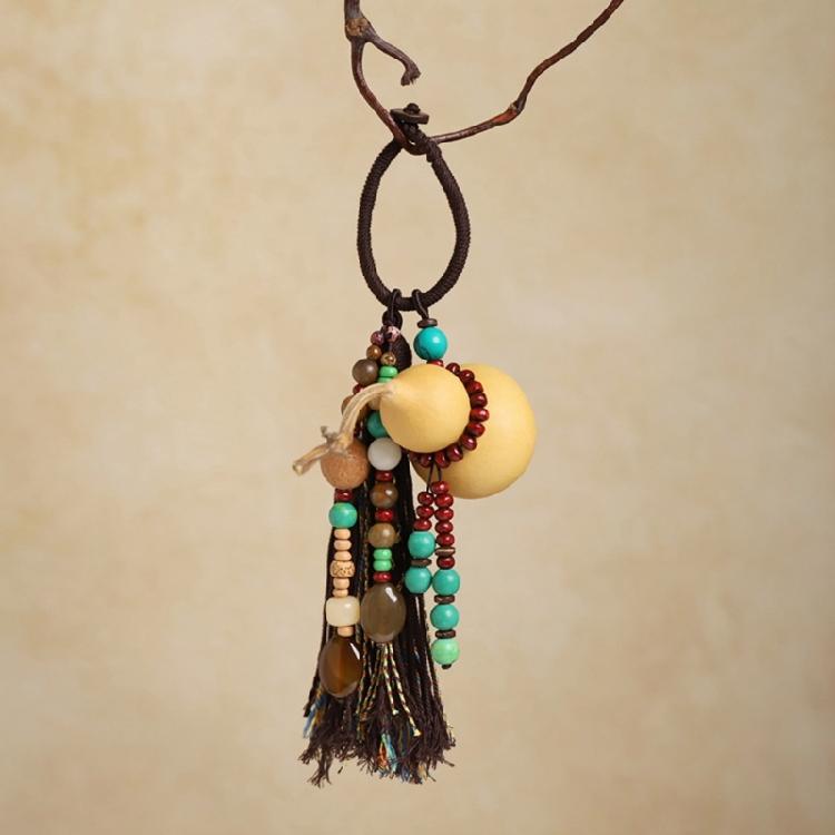 Portable Travel Keychain Designed with Lightweight Woven Gourd and Tassels Detail Handmade Keyring Accessory