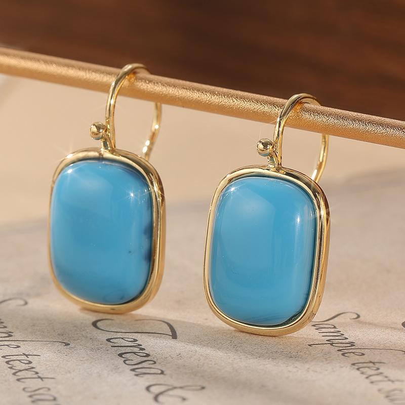 Klassische Goldfarbene Metall-Quadrat-Inlay-Ohrhänger mit Imitationstürkis für Damen Schmuck