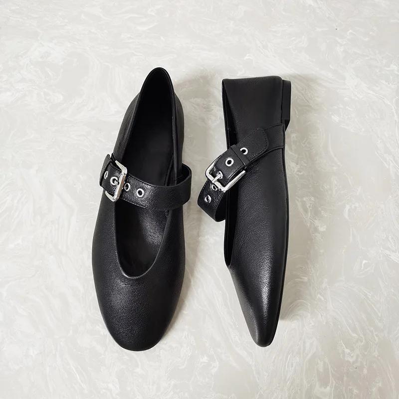 Fashion Women Mary Jane Shoes 2025 Autumn Black Pu Leather Vintage Flats Woman Fashion Belt Buckle Round Toe Ballet Flat Shoes