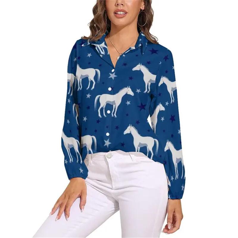 Camicia Colorata con Cavalli a Manica Lunga Camicie da Donna Cavalli Segreti Corse Camicie Vintage Top da Strada Femminili Primavera Estate