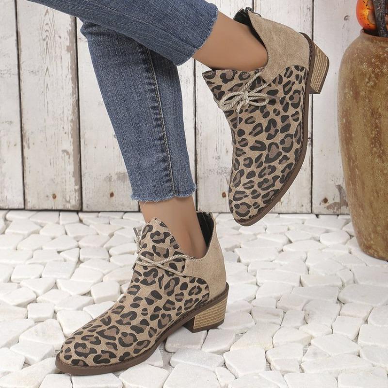 Large size leopard print low heel pointed short boots women's autumn and winter new one-pedal Martin boots