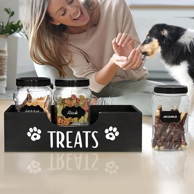 Wooden Pet Snack Storage Box with 3 Plastic Treat Jar Dog Treat Container Multifunction Snack Organizer for Cat Food Storage