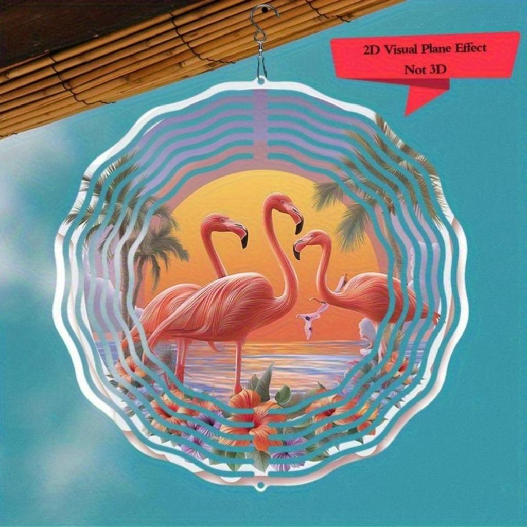 Carrilhão de Vento Flamingo com Gancho Giratório Design Pôr do Sol Decoração de Arte em Metal para Interior Exterior Jardim Pátio Presente de Feriado Todas as Estações