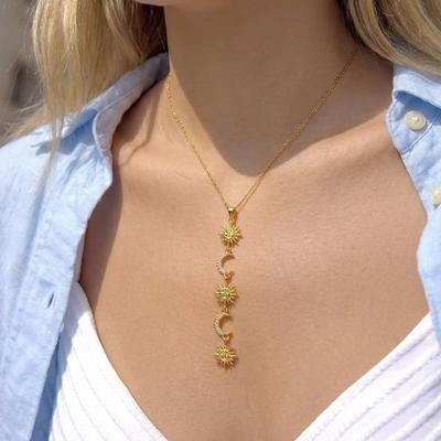 Multi Zircon Geometric Tassel Necklace for Women Sun Moon Splicing Pendant Stainless Steel Necklace Daily Wear Jewelry Gift