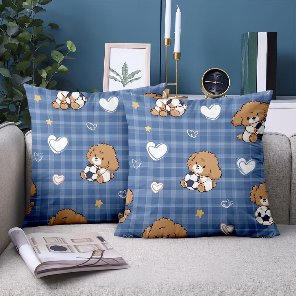 1 Pieces Cute Puppy Patterned Blue Checkered Pillowcase Polyester Pillowcase, Sofa Decorative Cushion Cov Headboard Pillow