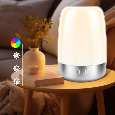 Despertador com luz solar ajustável e branca, versátil, para despertar noturno, silencioso e com intensidade regulável.