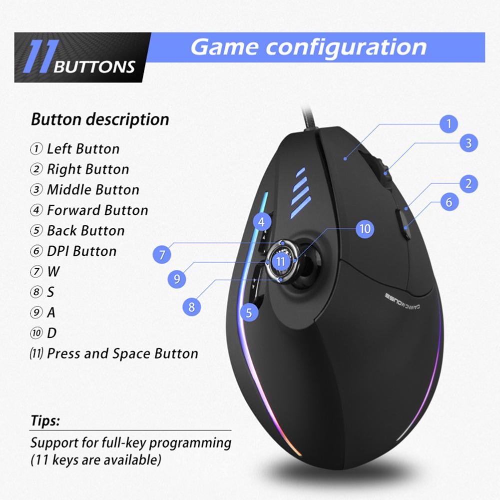 ZELOTES C-18 10000DPI Adjustable RGB Optical Gaming USB Wired Vertical Mouse