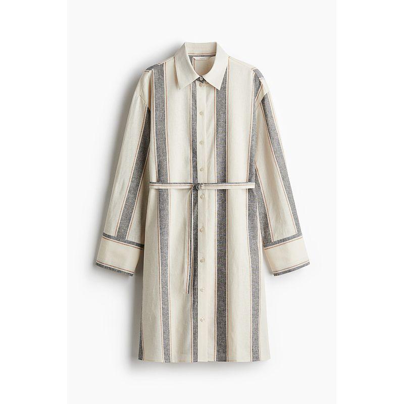

HM Women s Clothing Dress Autumn New Arrival Breathable Linen Blended Fashion Knee-Length Shirt Dress 1275768 Light beige/Black Stripes 170/104