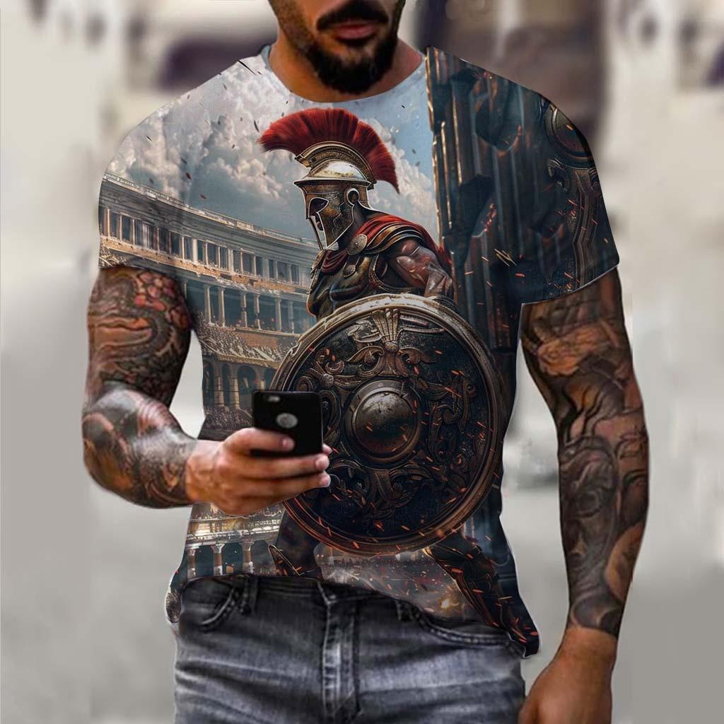 Samurai 3D Printed Short Sleeved T-shirt Summer Breathable Polyester Simple Round Neck Top