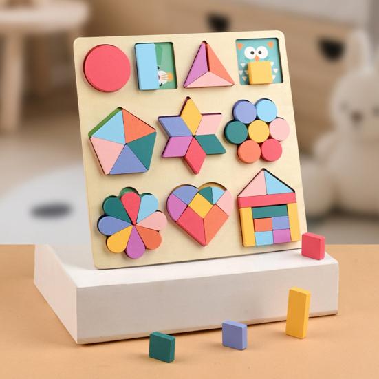 Wooden Geometry Puzzle Board Game Preschool Color Learning Geometric Shape Matching Puzzle Toddlers Boys Girls Educational Puzzle Toy