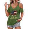 T-shirt décontracté pour femme à épaules dénudées et bretelles à nouer, manches courtes, col en V, imprimé drapeau américain, haut léger d'été