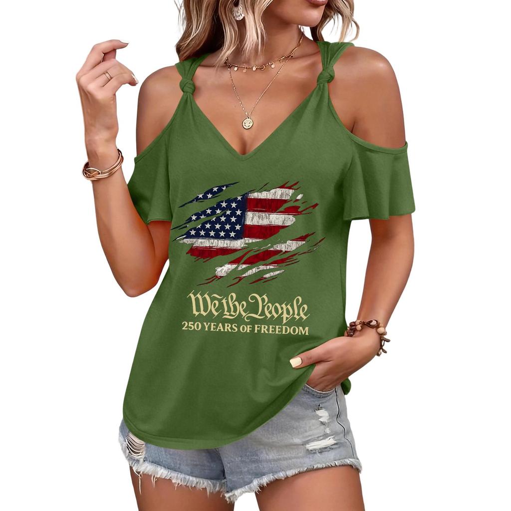 T-shirt décontracté pour femme à épaules dénudées et bretelles à nouer, manches courtes, col en V, imprimé drapeau américain, haut léger d'été