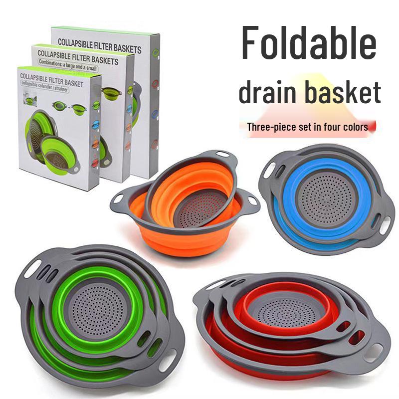 

3-Piece Foldable Colander Set: Multi-functional Kitchen Drain Basket for Washing Fruits and Vegetables Small Box синий
