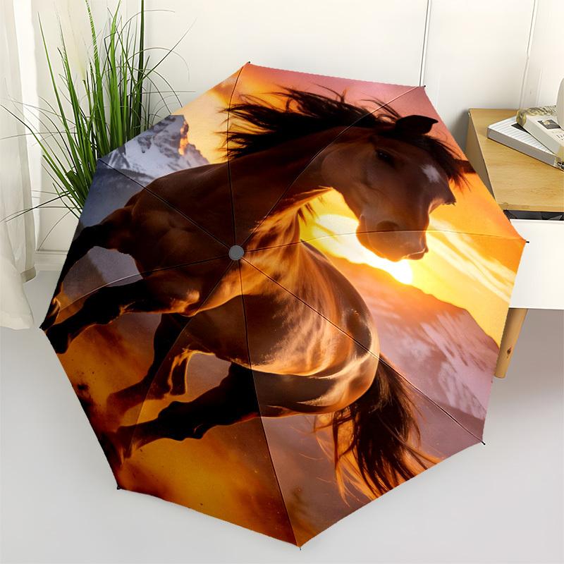 1pc Horse Sunset Automatic Folding Umbrella Portable Collapsible 8-Rib Umbrella for All Seasons, Casual Outdoor Accessory, B58