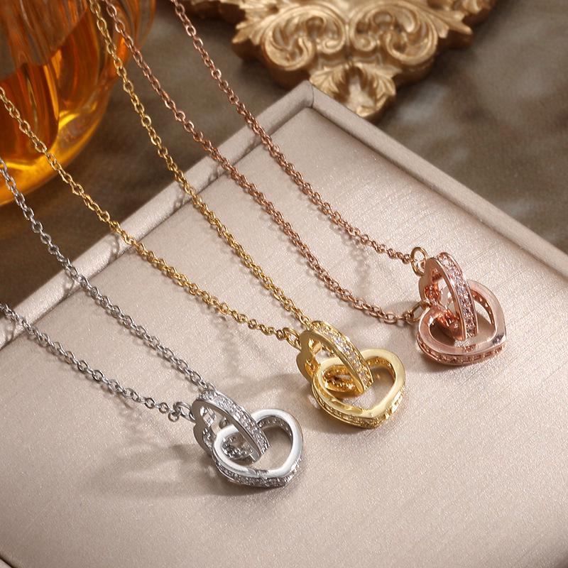 Cross-Border Fashion Heart Double Ring Zirconium Titanium Necklace for Women – Elegant Clavicle Chain Jewelry