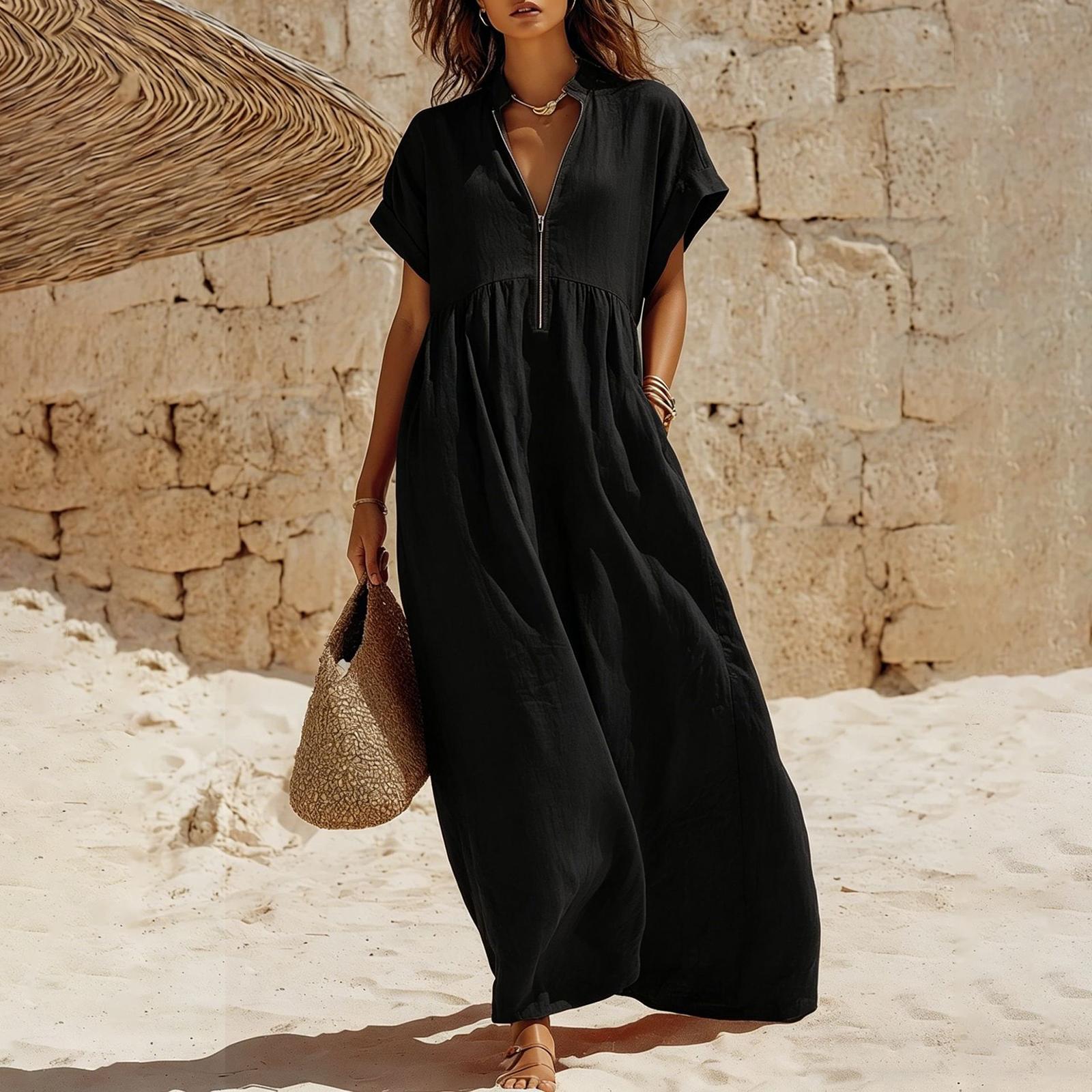 

Women s Stylish And Casual Zip-up Short-sleeved Long Dress L