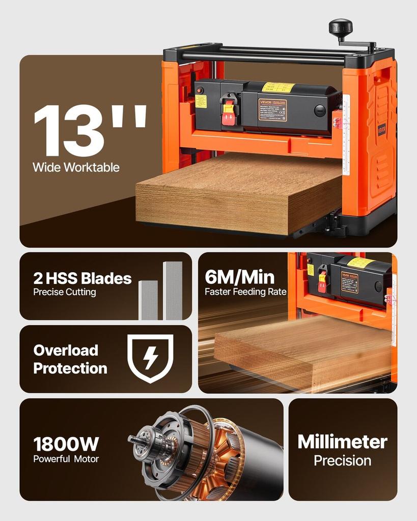 Thickness Planer, Two-Blade, 330 mm Width Worktable Power Benchtop Planer, 1800W 23500 RPM Powerful Motor, Dual Rollers, Over Protection, Single Speed