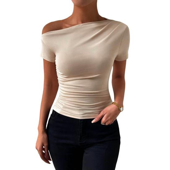 Women Summer T-shirt Skew Collar Short Sleeve Slim Fit Tee Shirt Solid Color Side Shirring Pullover Tops
