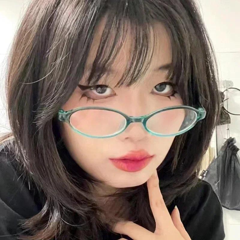 Women Retro Oval Glasses Y2K Japanese and Korean Girls Red Green Frame Glass Eyewear Decorative Computer Anti-blue Eyeglasses