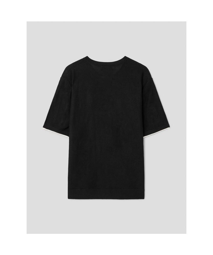 8SECONDS Layered Color Block Henley Neck Short Sleeve Knit Black