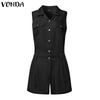 VONDA Women Summer Lapel Neck Sleeveless Buttons Elastic Waist Casual Jumpsuits Rompers