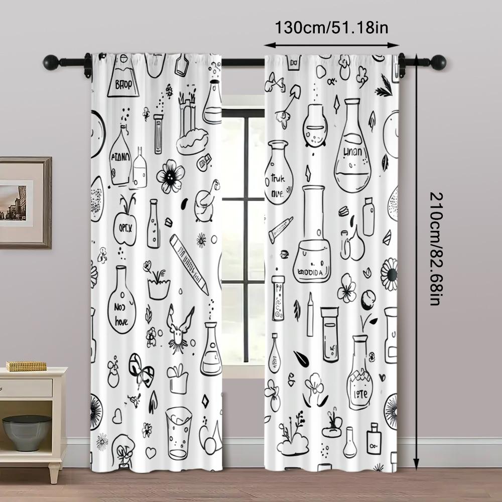 2pcs, Contemporary Curtains Black and White Floral Pattern Machine Washable (without Rod) Thermal Insulation, and Room Darkening
