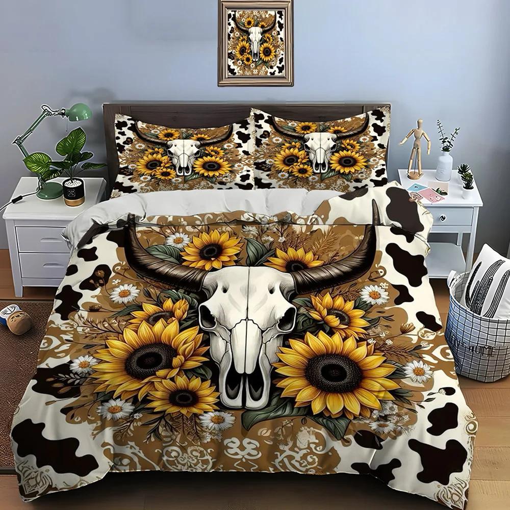 Native American Cattle Skull Art Print Bedding Set Duvet Cover 1 Duvet Cover 2 Pillowcases Adult and Kids Bedding Set Luxury