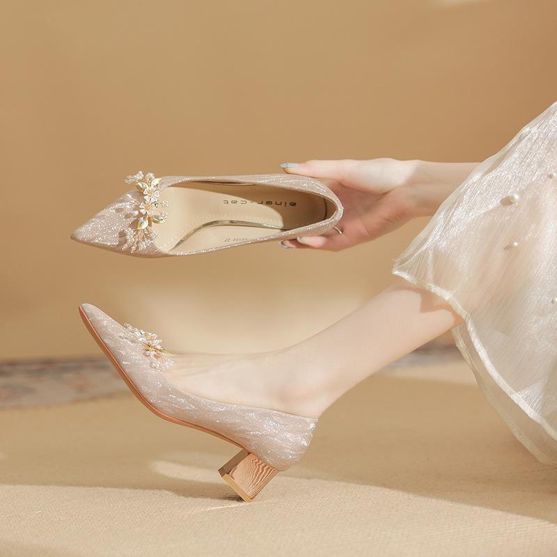550-3 high heels women's 2025 spring new crystal wedding shoes versatile pointed thick heel removable buckle single shoes