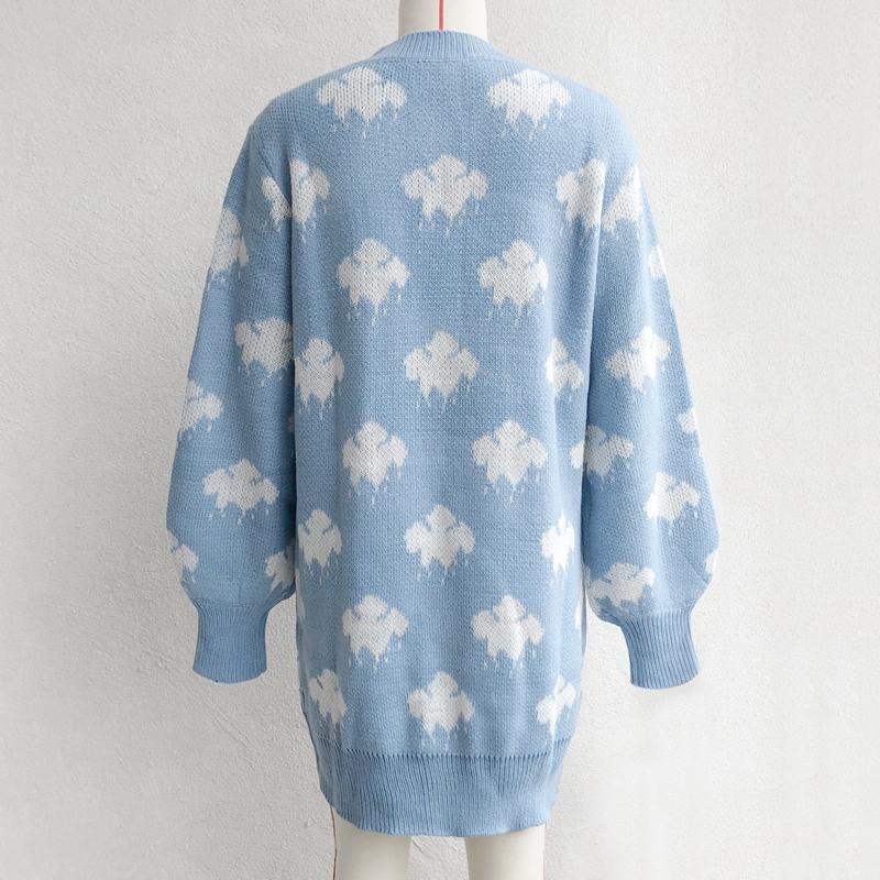 Wiosna jesień chmury wzór powyżej kolana Mini sweter z dzianiny sukienka kobiety dorywczo proste O-Neck pełna rękaw luźna talia S-L