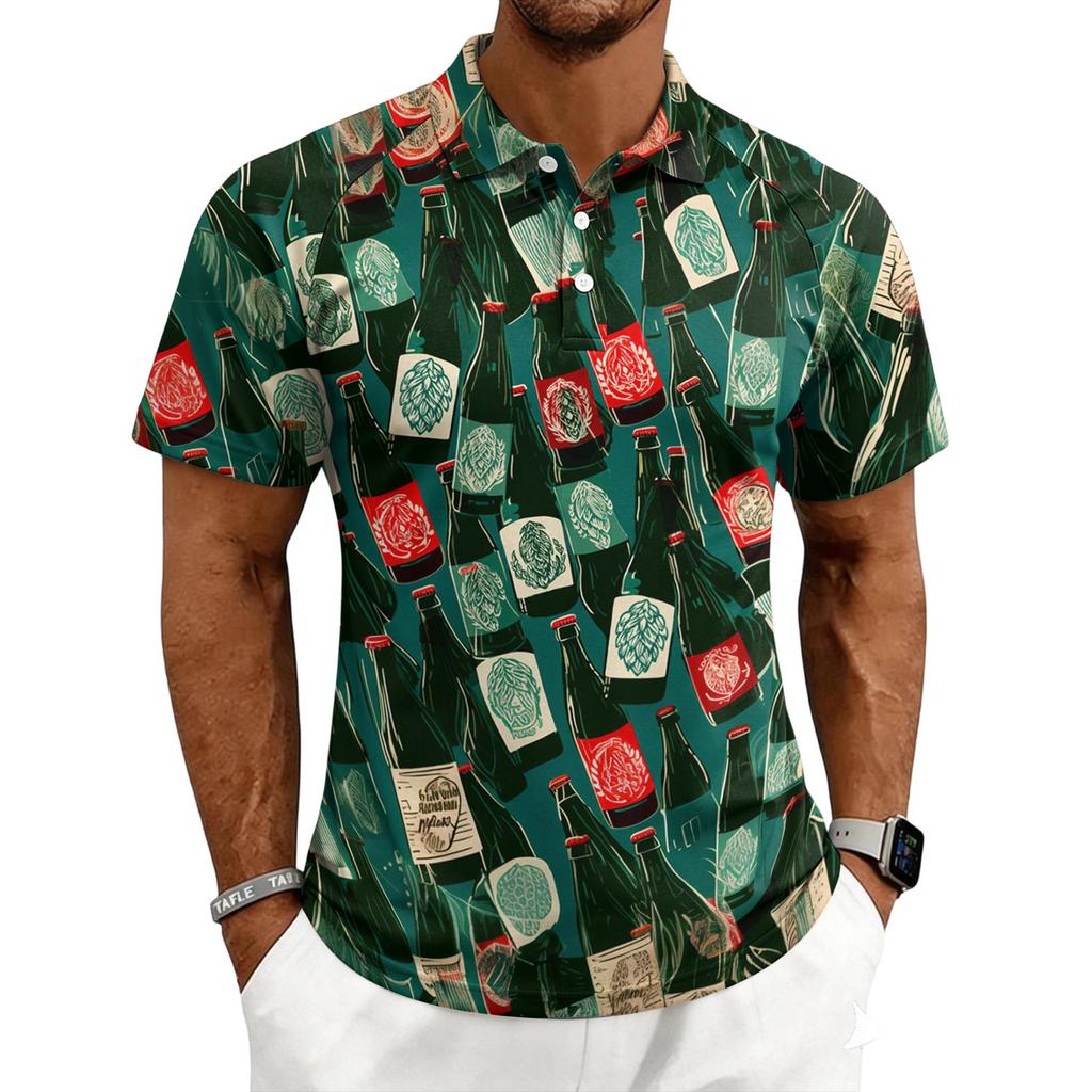 Men's Casual Printed Polo Shirt Short Sleeve Turn Down Collar Button Up Top with Graphic Pattern for Everyday Wear