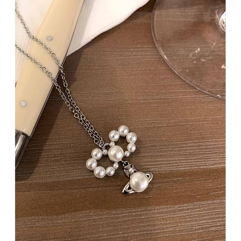 Сладкий Бант Сатурн Жемчужное Ожерелье Женская Французская Цепочка на Ключицы Аксессуары