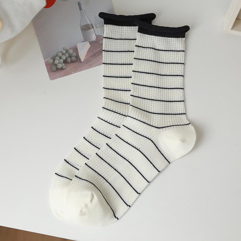 

Women s Summer Thin Mesh Stripe Boneless Curled Loose Middle Tube Stack Socks 1 pair белый