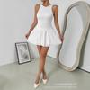 Rochie Mini Sexy Fără Mâneci cu Gât O, Culoare Solidă, Decupată la Spate, Plisată