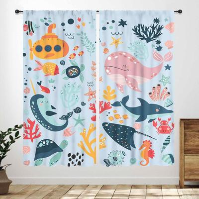 Blue Curtains Kids Room Cartoon Underwater Animals Sharks Turtles Nature Marine Plants Window Drapery Treatments Curtain Polyester Washable Children's