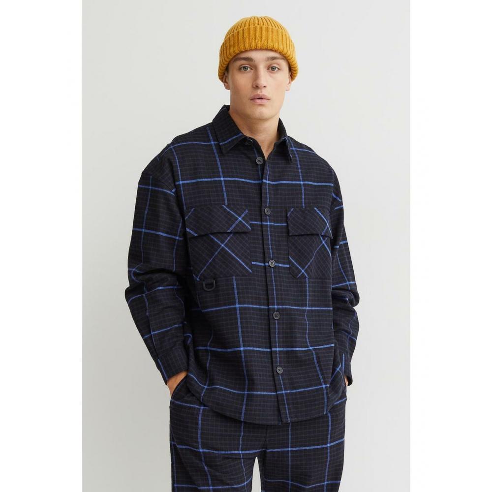 

H M Oversized Twill Overshirt Black Blue Check 1026865003