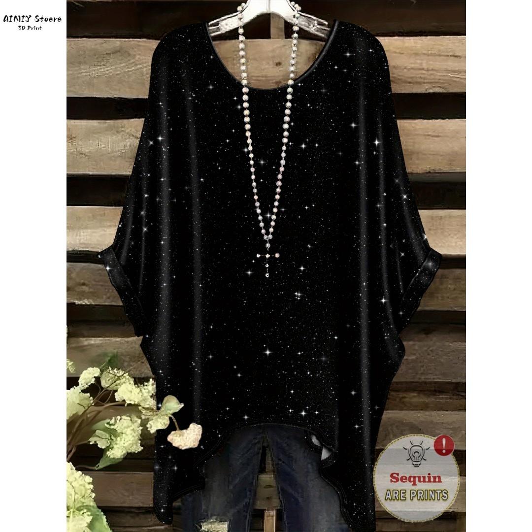 

Жіноча Елегантна Богемна Футболка з Принтом Зоряної Ночі Біла в Цятки по Всій Поверхні з Асиметричним Подолом, Круглим Вирізом, Повсякденна Мода Жінки 4XL