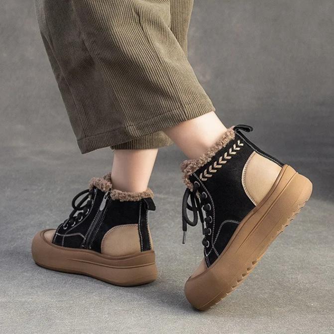 Johnature Retro Mixed Colors Plush Warm Short Boots Genuine Leather Thick Soled Women's Shoes