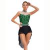 Women Lyrical Dance Dress Mock Neck Sleeveless Backless with Shiny Rhinestones Color Block Mesh