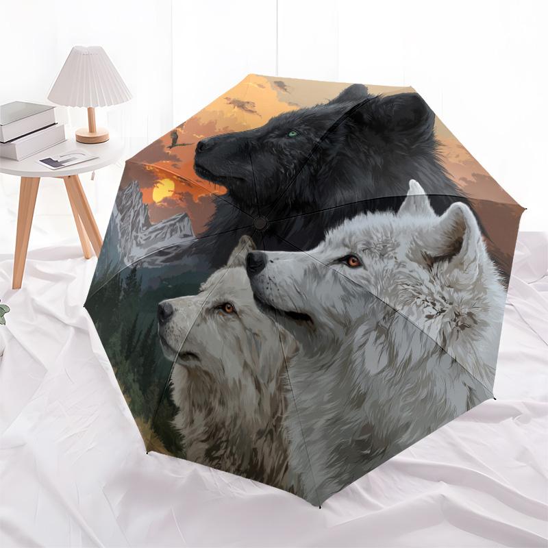 Three Wolves  Pattern, Automatic Folding Umbrella, Portable and Foldable Design, 8 Ribs, a Christmas or Birthday Gift.
