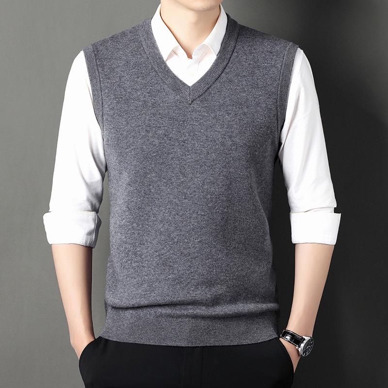 Men's 100% Pure Wool Thickened V-Neck Vest for Autumn/Winter