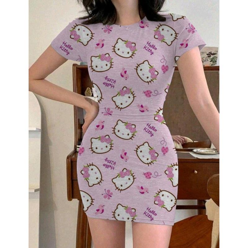 Y2k Fashion Women's 2024 Summer Sexy Tight Mini Dress Party Hello Kitty Printed Loose Short Dress