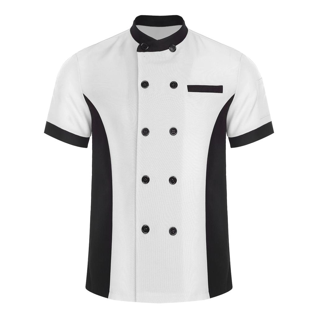 Unisex Kitchen Uniform Short Sleeve Color Block Chef Jacket Cook Coat Men Women Work Top