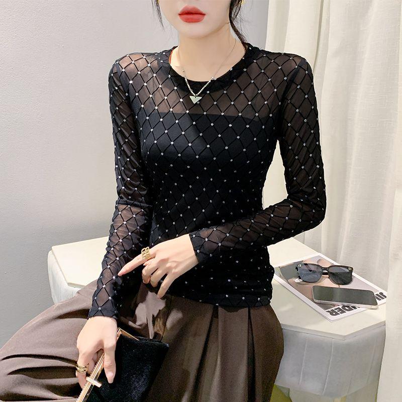

Шикарный сетчатый топ с длинными рукавами, украшенный бусинами и бриллиантовыми акцентами - Стильная, облегающая и дышащая женская осенняя рубашка 3XL (Recommended for 71-77 kg) чёрный