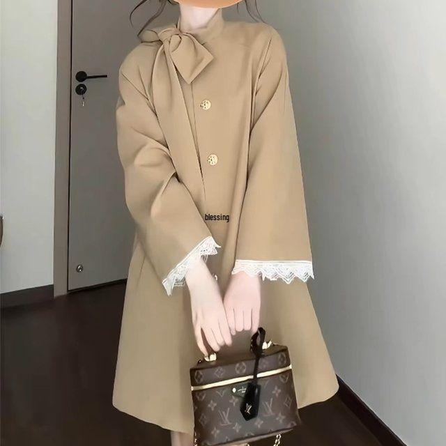 

R6Q Chic French Bow Ribbon Trench Coat for Petite Women - Khaki Early Autumn Outfit S