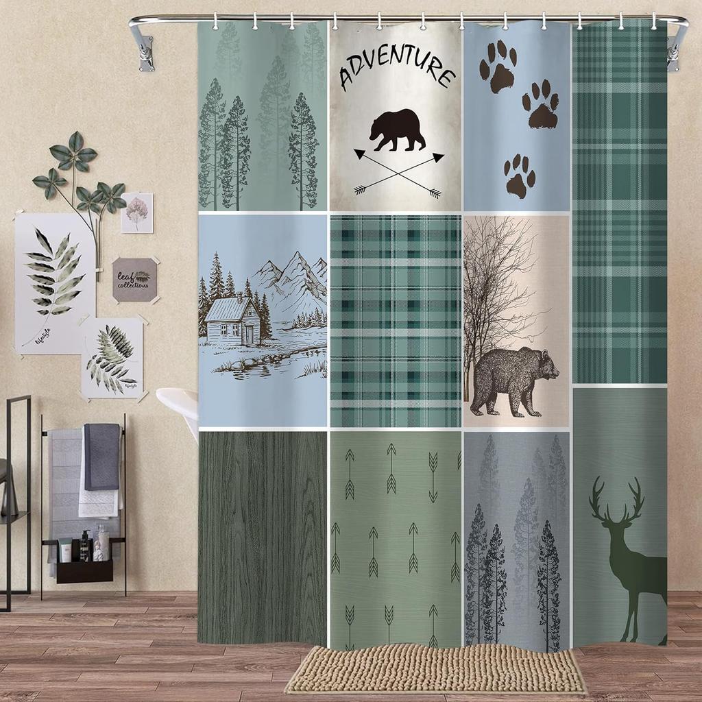 Rustic Cabin Bear Deer Shower Curtain, Country Green Plaid Shower Curtain Set For Bathroom, Farmhouse Forest Nature Fabric Showe